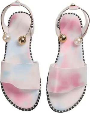 OYOANGLE Women's Pearl Decor Clear Straps Open Toe Flat Sandals Leather Outdoor Beach Sandals