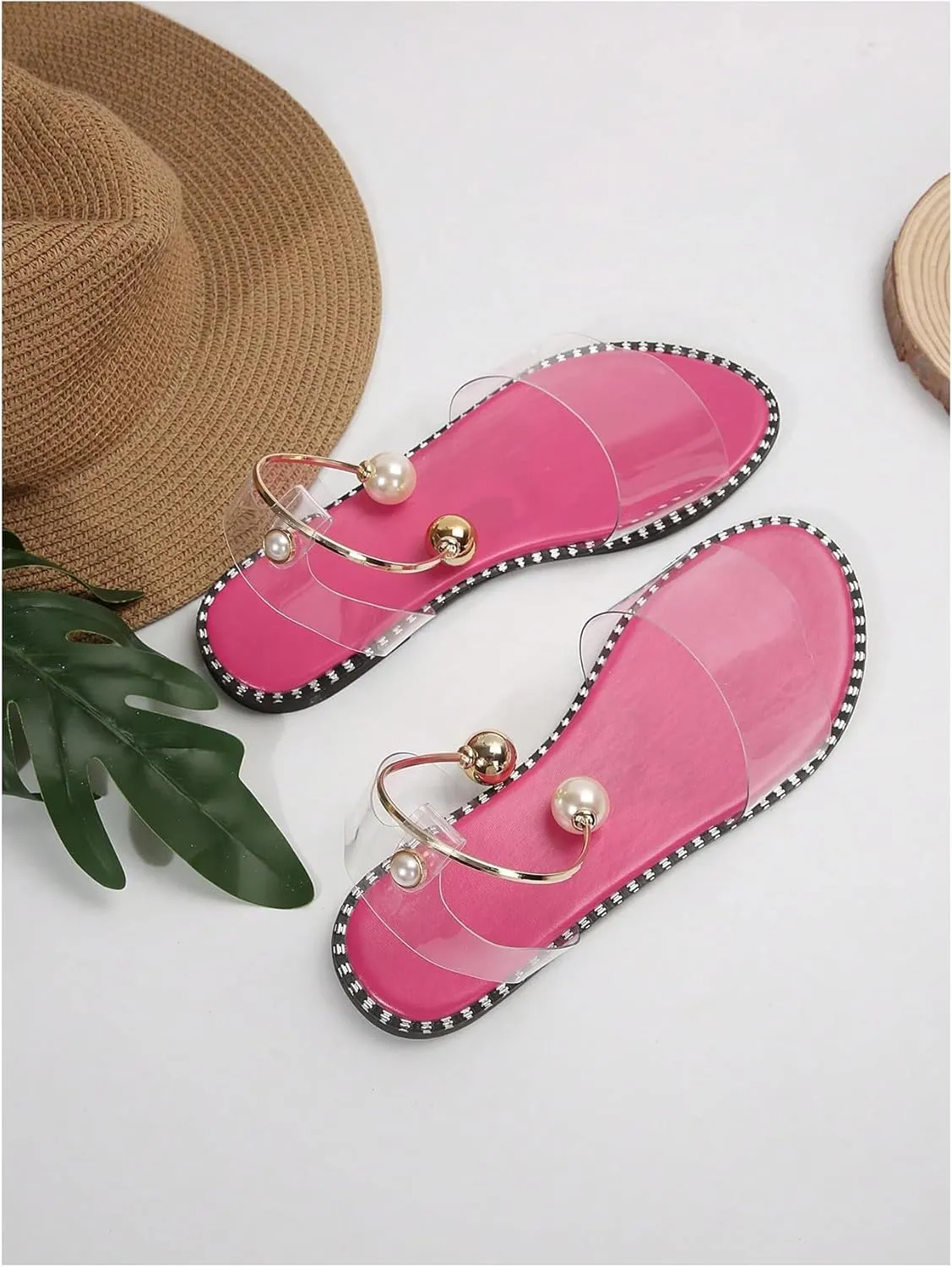OYOANGLE Women's Pearl Decor Clear Straps Open Toe Flat Sandals Leather Outdoor Beach Sandals