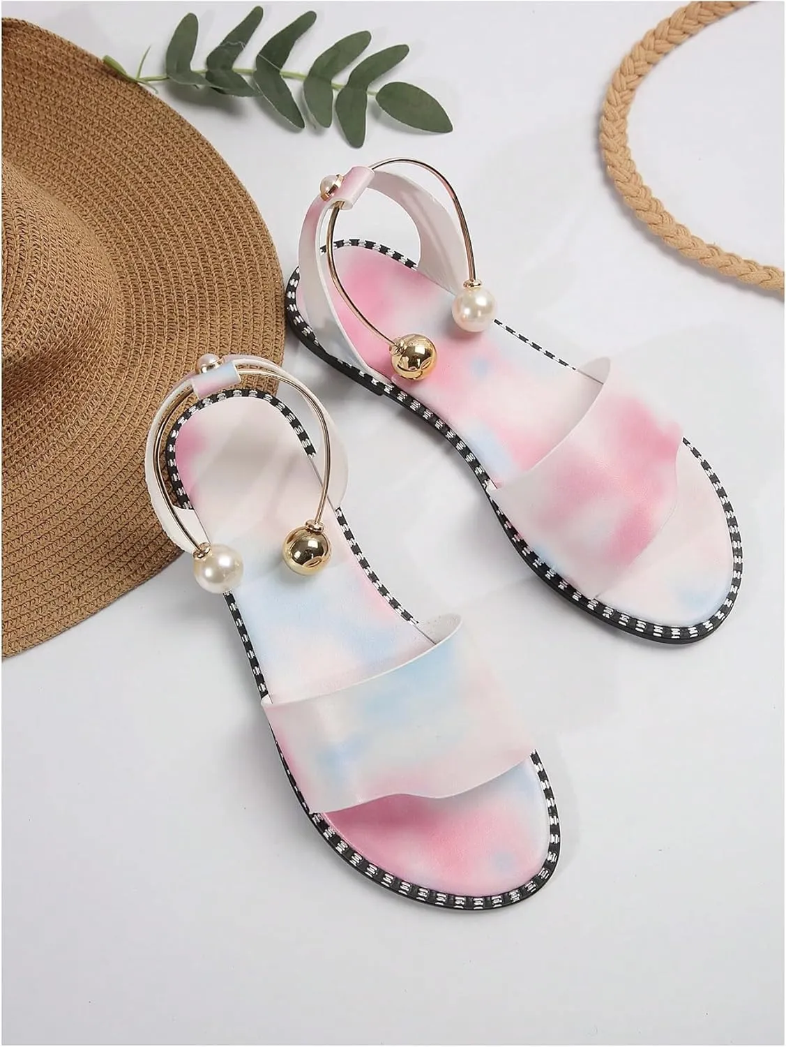 OYOANGLE Women's Pearl Decor Clear Straps Open Toe Flat Sandals Leather Outdoor Beach Sandals