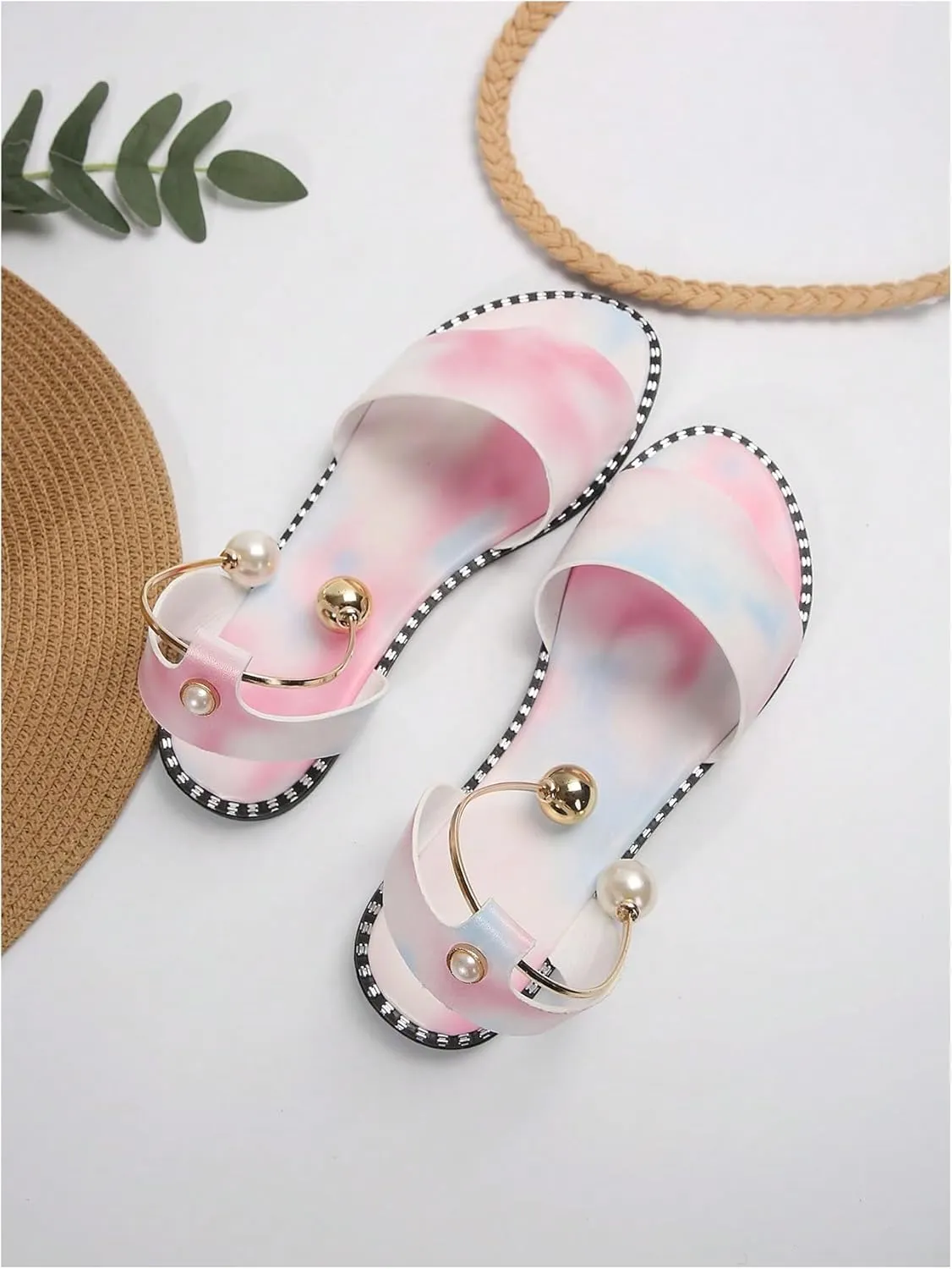 OYOANGLE Women's Pearl Decor Clear Straps Open Toe Flat Sandals Leather Outdoor Beach Sandals