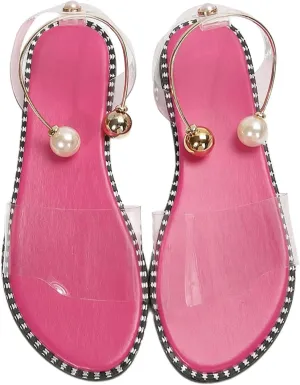 OYOANGLE Women's Pearl Decor Clear Straps Open Toe Flat Sandals Leather Outdoor Beach Sandals