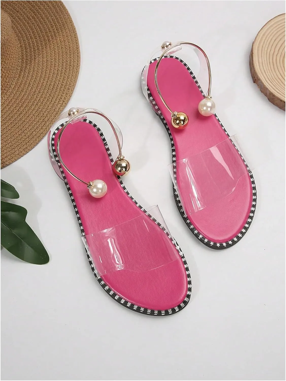 OYOANGLE Women's Pearl Decor Clear Straps Open Toe Flat Sandals Leather Outdoor Beach Sandals
