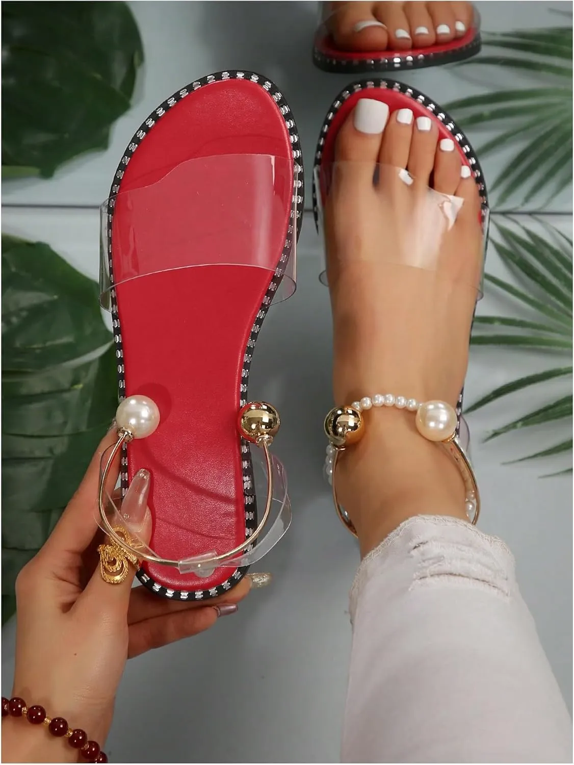 OYOANGLE Women's Pearl Decor Clear Straps Open Toe Flat Sandals Leather Outdoor Beach Sandals