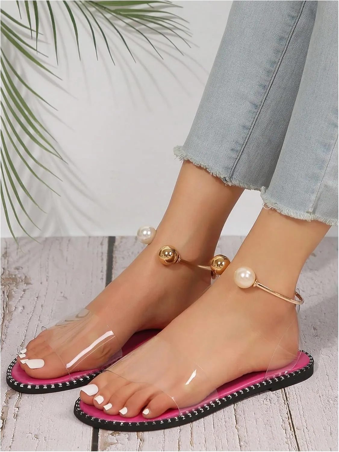 OYOANGLE Women's Pearl Decor Clear Straps Open Toe Flat Sandals Leather Outdoor Beach Sandals