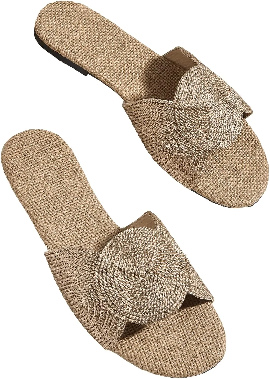 OYOANGLE Women's Round Decor Open Toe Flat Sandals Solid Casual Summer Outdoor Boho Beach Slides
