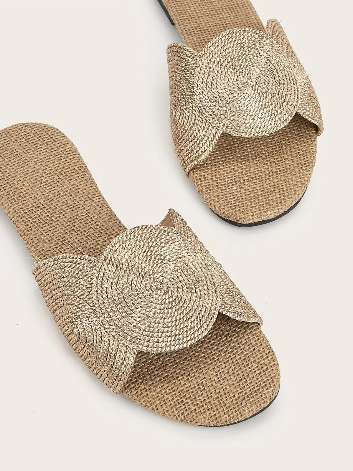 OYOANGLE Women's Round Decor Open Toe Flat Sandals Solid Casual Summer Outdoor Boho Beach Slides