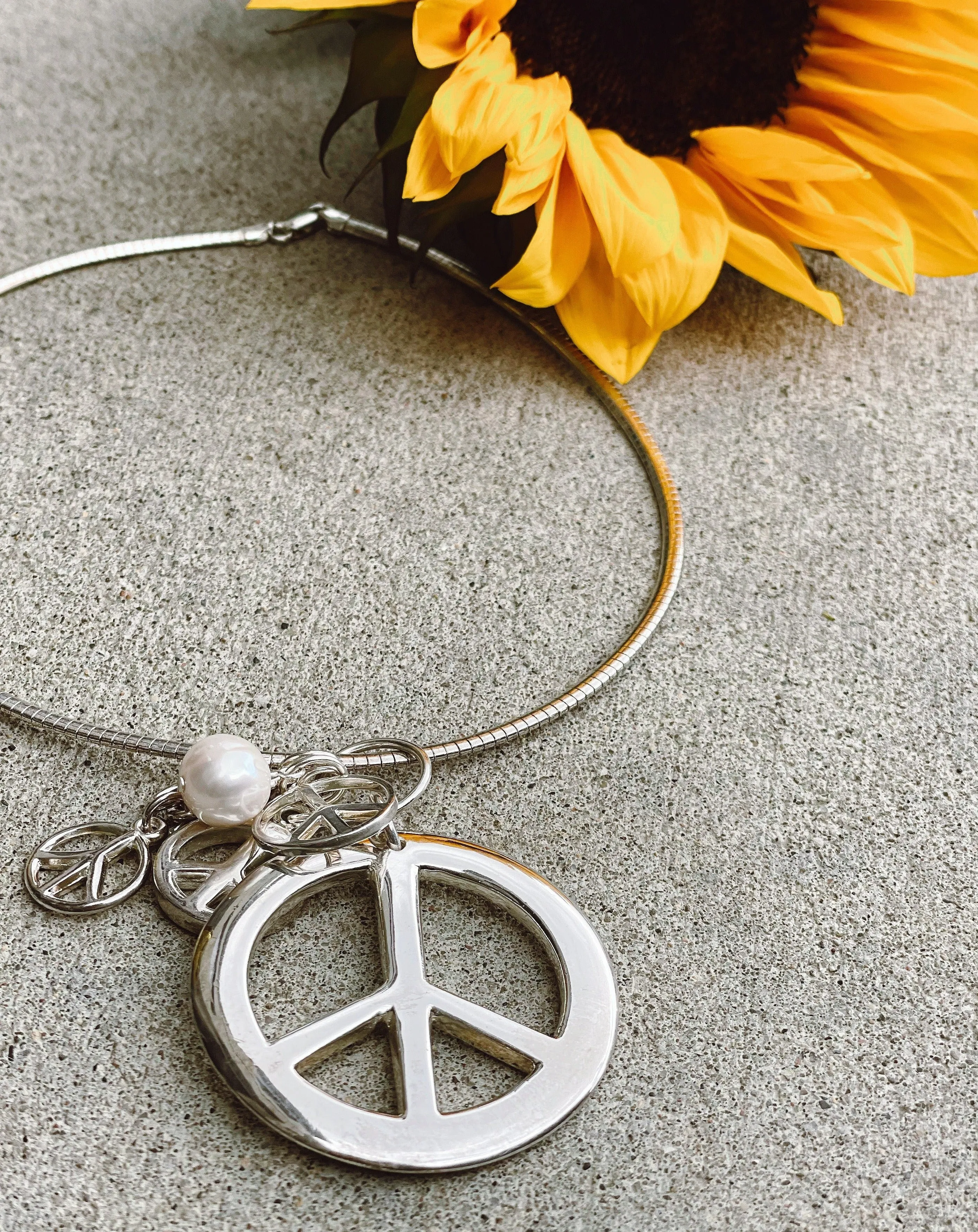 Peace Sign Pendant with Flexible Silver Collar