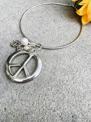 Peace Sign Pendant with Flexible Silver Collar