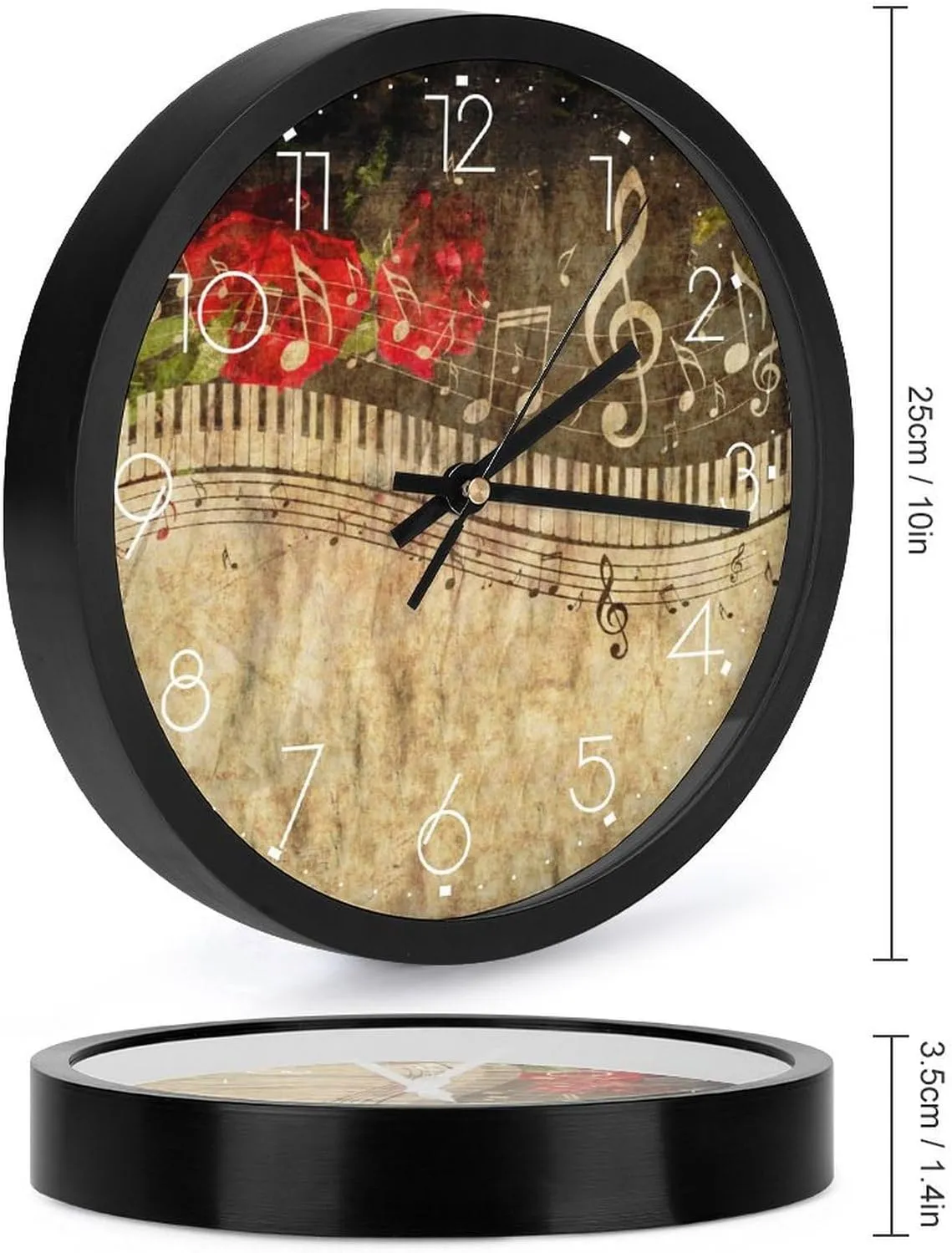 Piano Keys with Musical Notes Fashion Round Wall Clock Modern Battery Operated Clocks Silent Non-Ticking Home Decor 10x10in