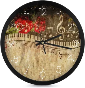 Piano Keys with Musical Notes Fashion Round Wall Clock Modern Battery Operated Clocks Silent Non-Ticking Home Decor 10x10in