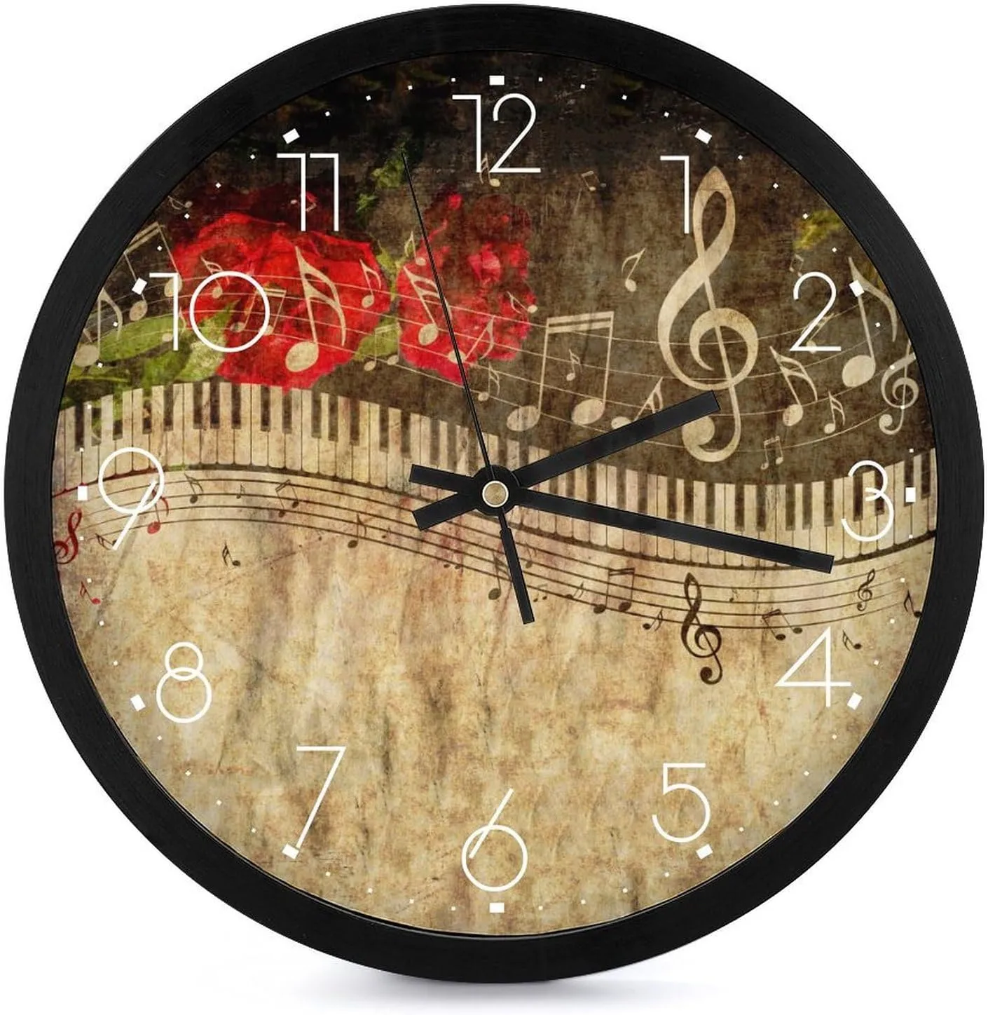 Piano Keys with Musical Notes Fashion Round Wall Clock Modern Battery Operated Clocks Silent Non-Ticking Home Decor 10x10in