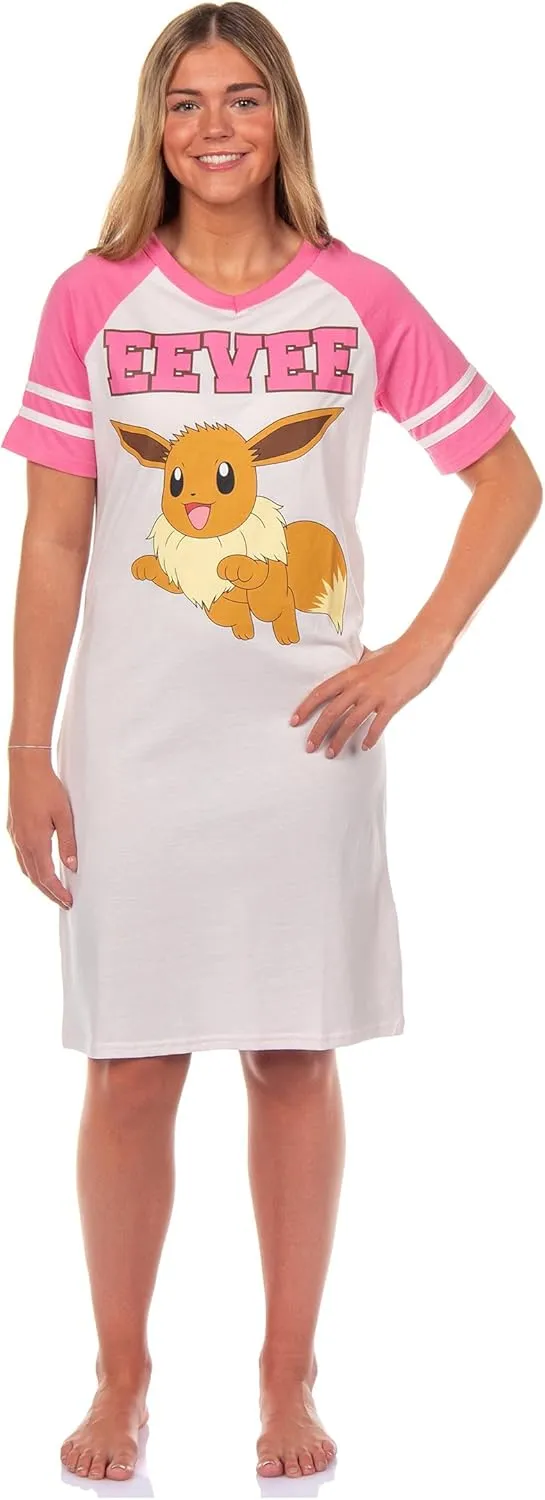 Pokemon Pajama Women's Varsity Raglan Sleep Shirt V-Neck Nightgown