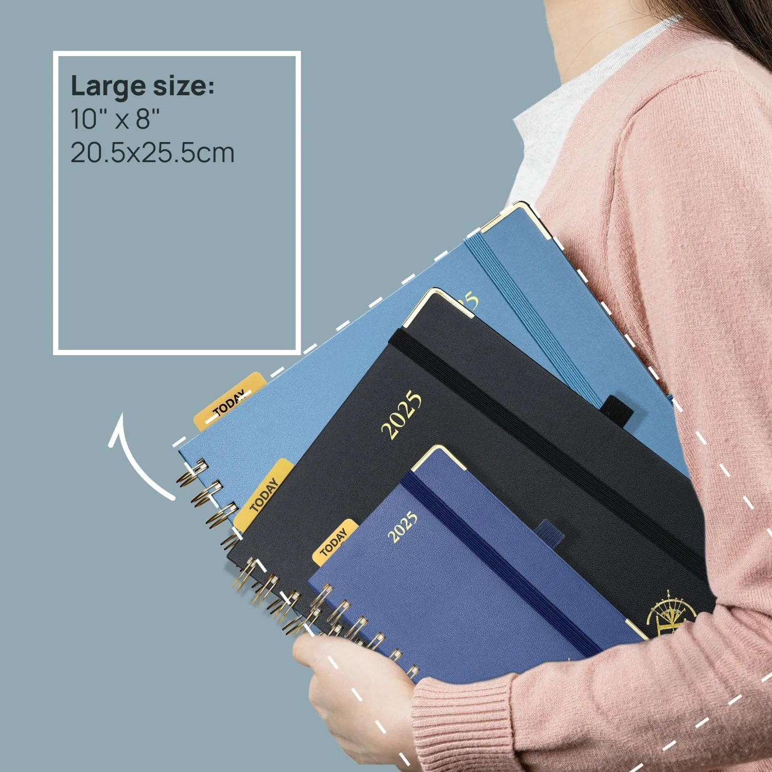 POPRUN 2025 Planner (Large Size 10'' x 8'' Wire-Bound Hard Cover) Daily Weekly and Monthly Calendar - Agenda 2025 with Hourly Schedule & Vertical Weekly Layout, Monthly Tabs - Orange