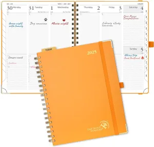 POPRUN 2025 Planner (Large Size 10'' x 8'' Wire-Bound Hard Cover) Daily Weekly and Monthly Calendar - Agenda 2025 with Hourly Schedule & Vertical Weekly Layout, Monthly Tabs - Orange