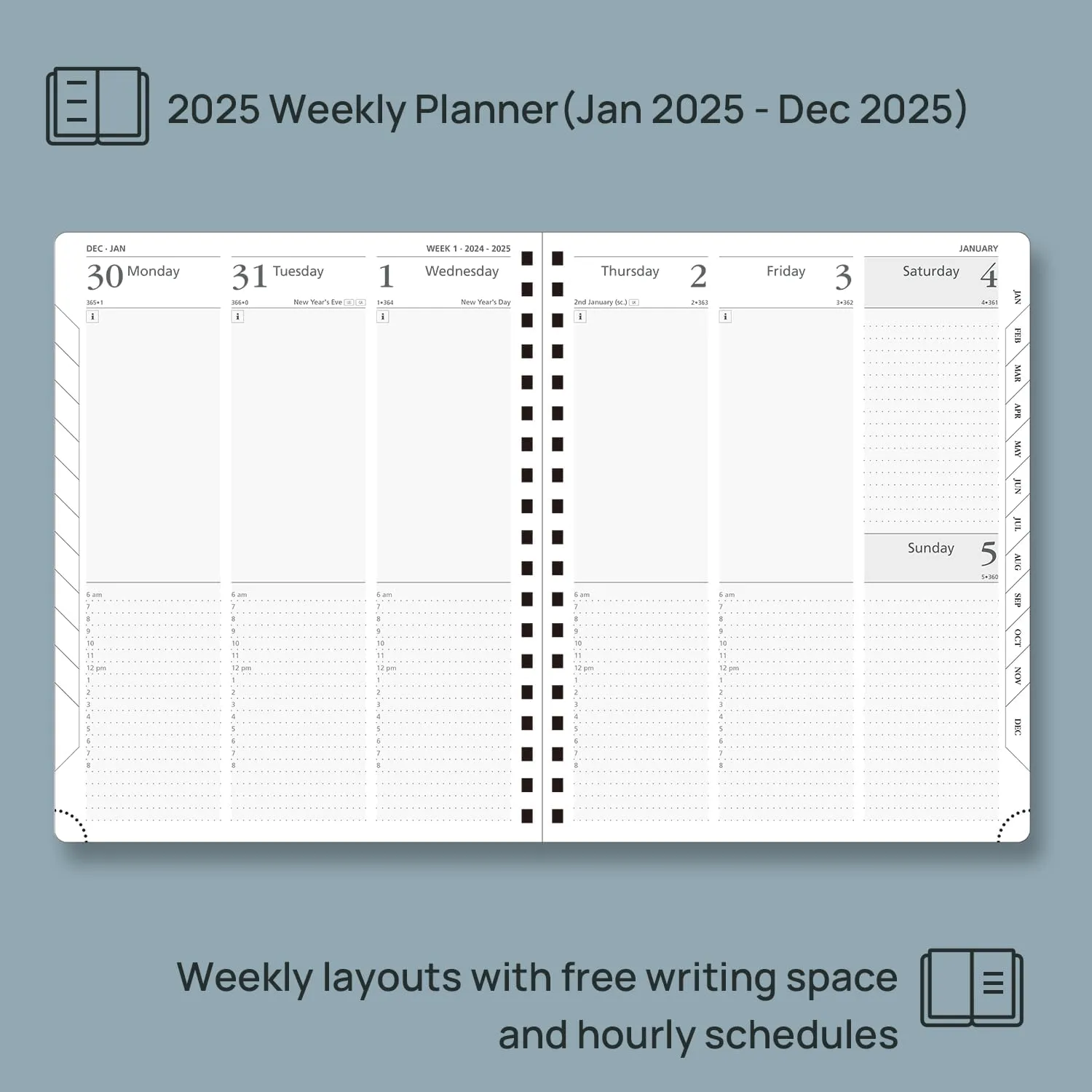 POPRUN 2025 Planner (Large Size 10'' x 8'' Wire-Bound Hard Cover) Daily Weekly and Monthly Calendar - Agenda 2025 with Hourly Schedule & Vertical Weekly Layout, Monthly Tabs - Orange