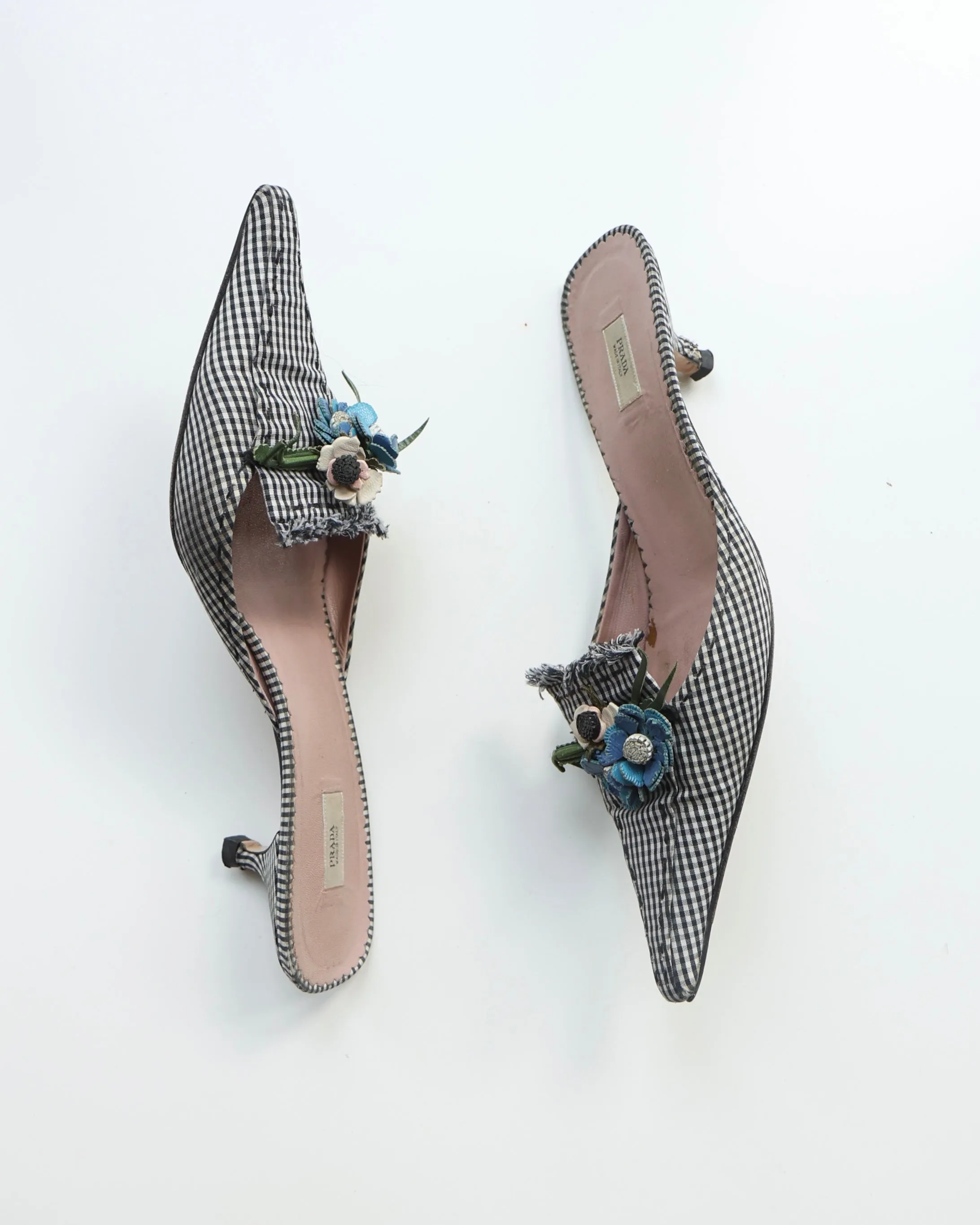 Prada Navy Gingham Floral Heels