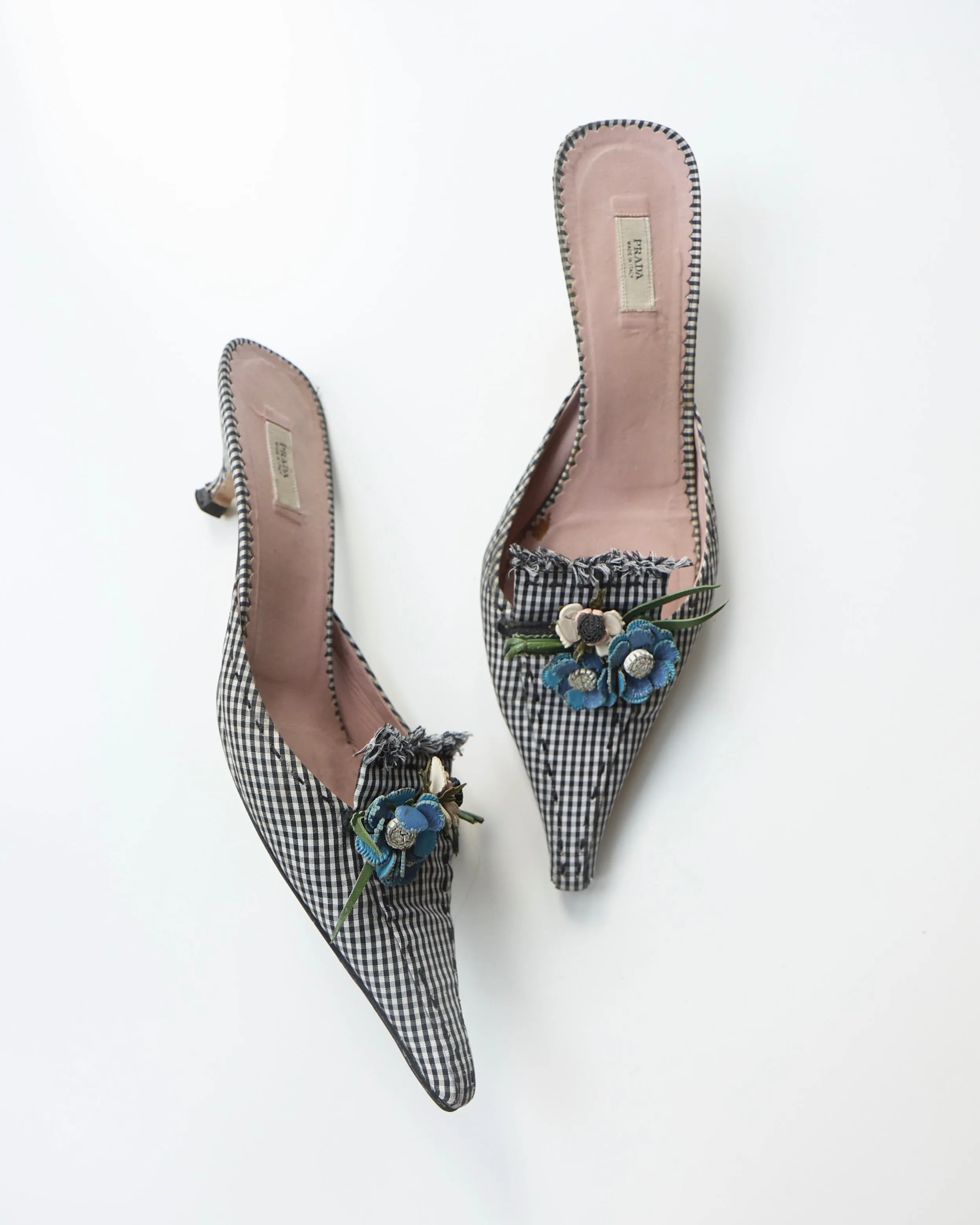 Prada Navy Gingham Floral Heels