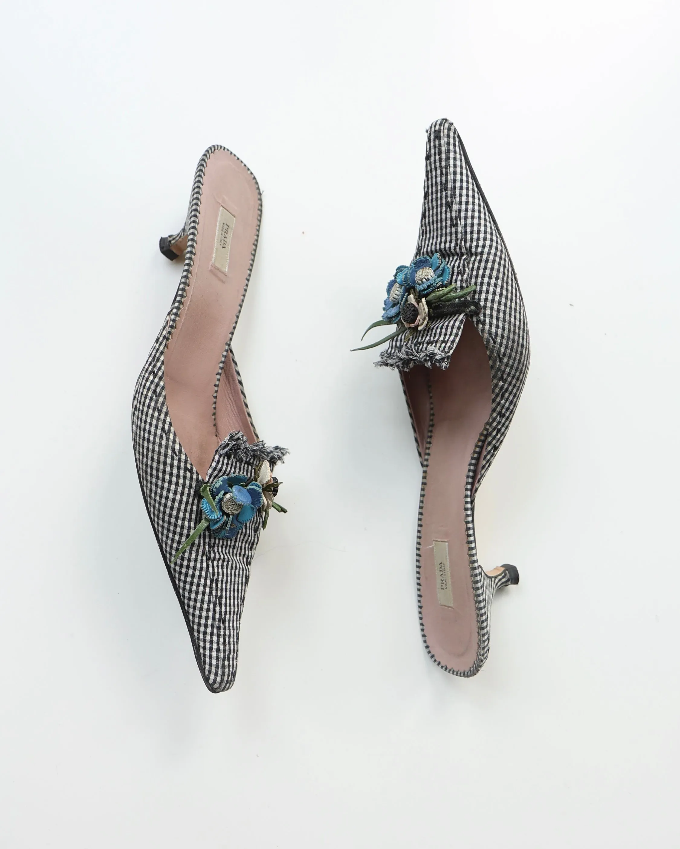 Prada Navy Gingham Floral Heels