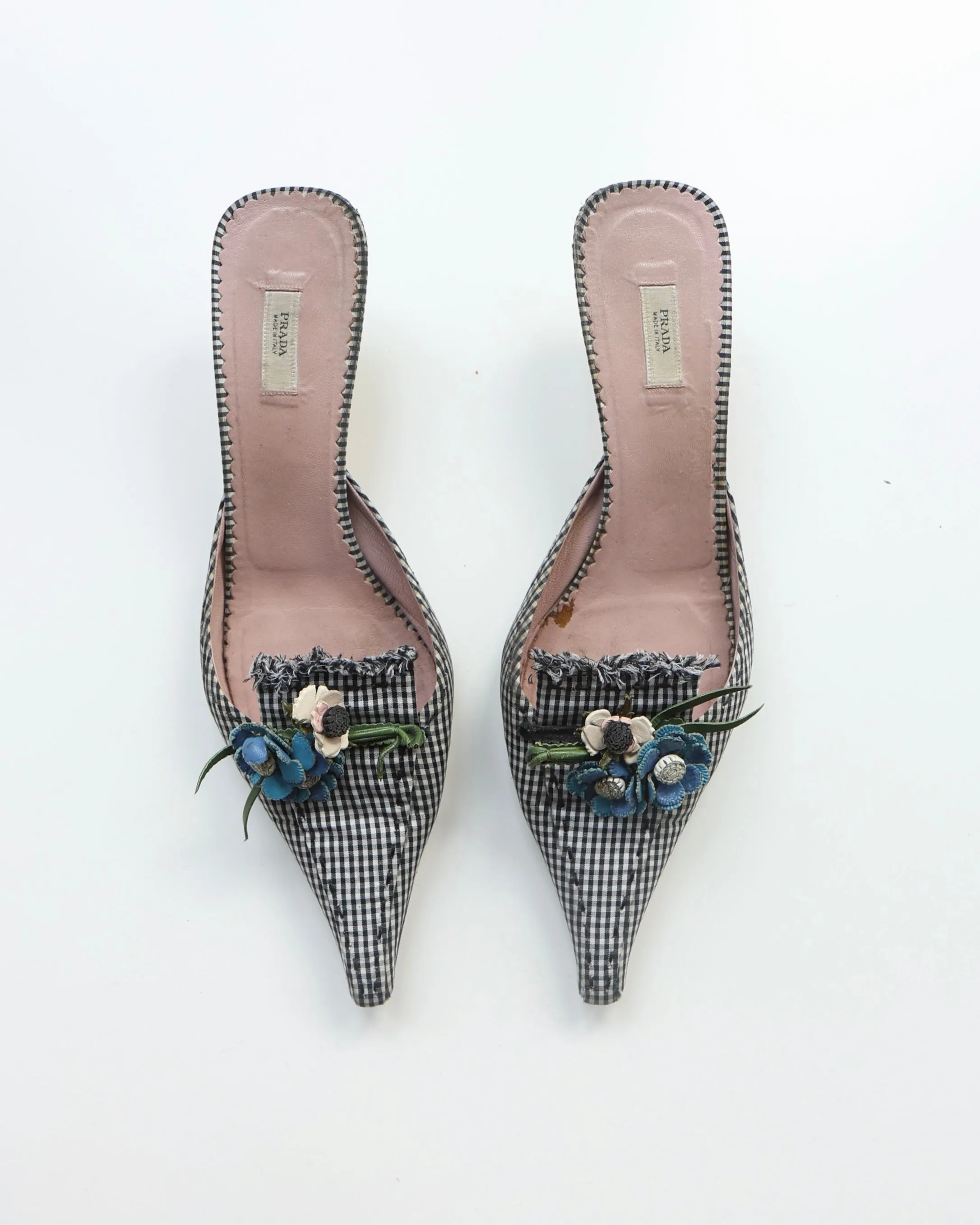 Prada Navy Gingham Floral Heels