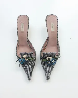 Prada Navy Gingham Floral Heels