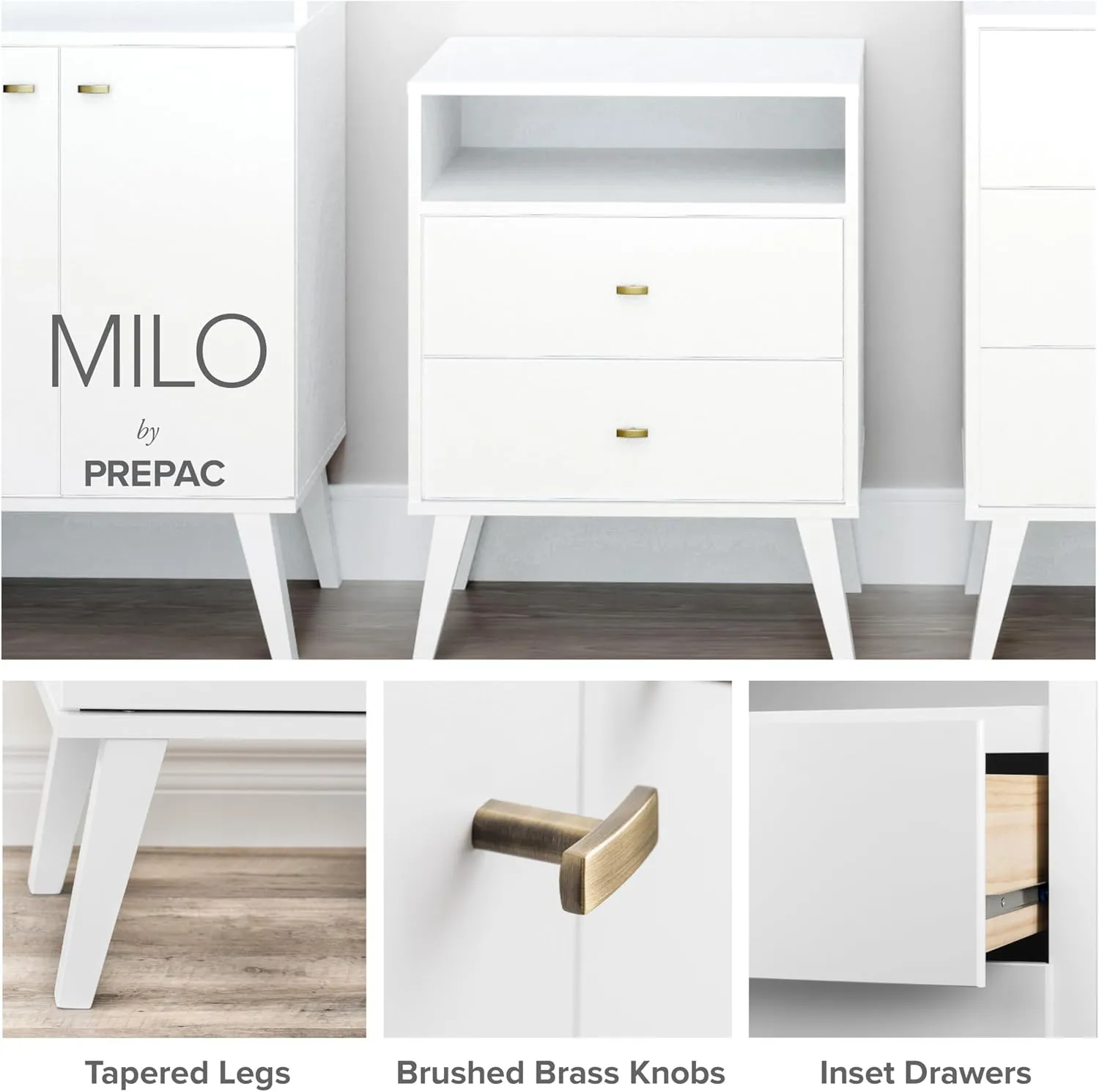 Prepac Milo Mid-Century Modern 7 Drawer Double Dresser for Bedroom, Wide Chest of Drawers, Contemporary Bedroom Furniture, 16" D x 52.5" W x 33.75" H, White, WDBR-1407-1