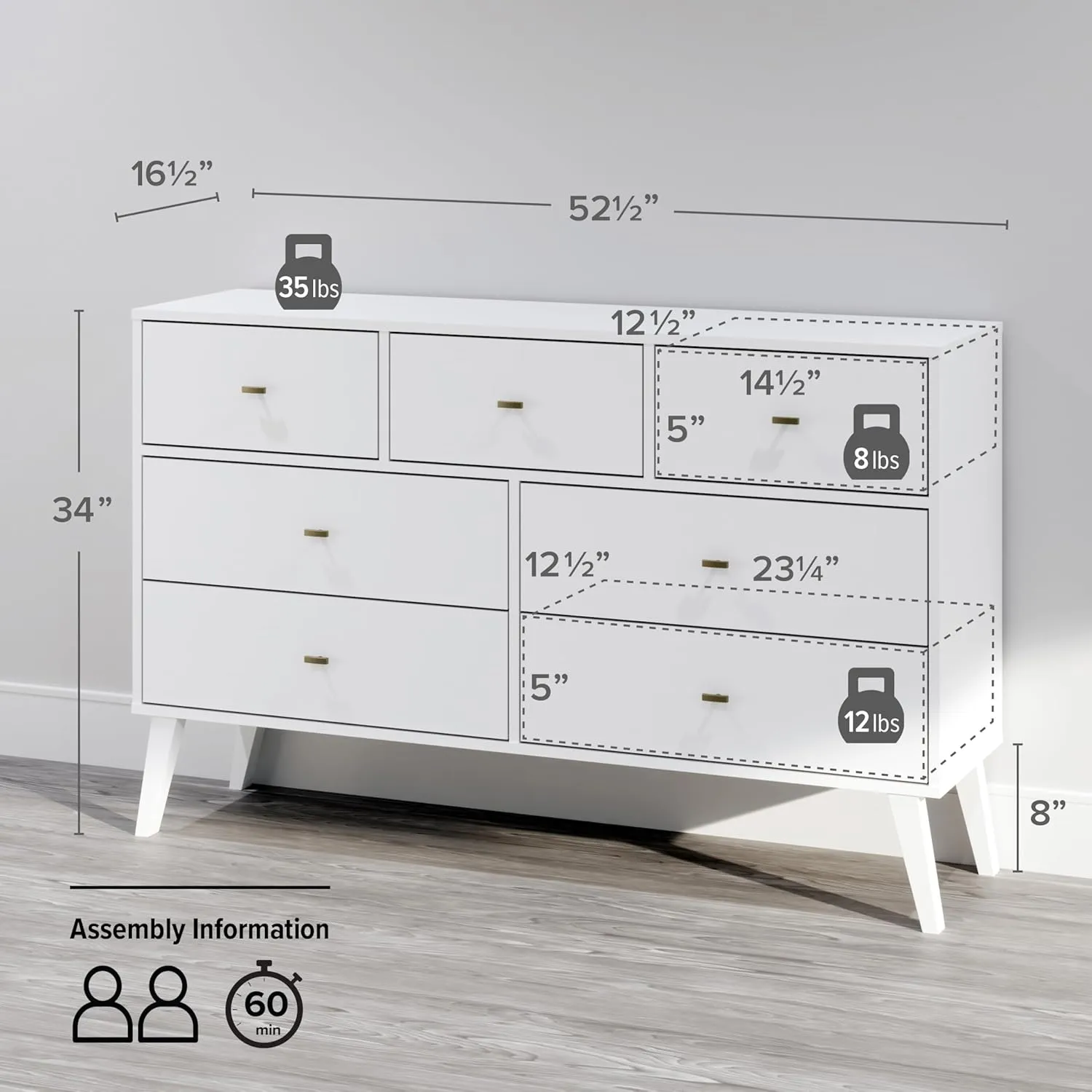 Prepac Milo Mid-Century Modern 7 Drawer Double Dresser for Bedroom, Wide Chest of Drawers, Contemporary Bedroom Furniture, 16" D x 52.5" W x 33.75" H, White, WDBR-1407-1