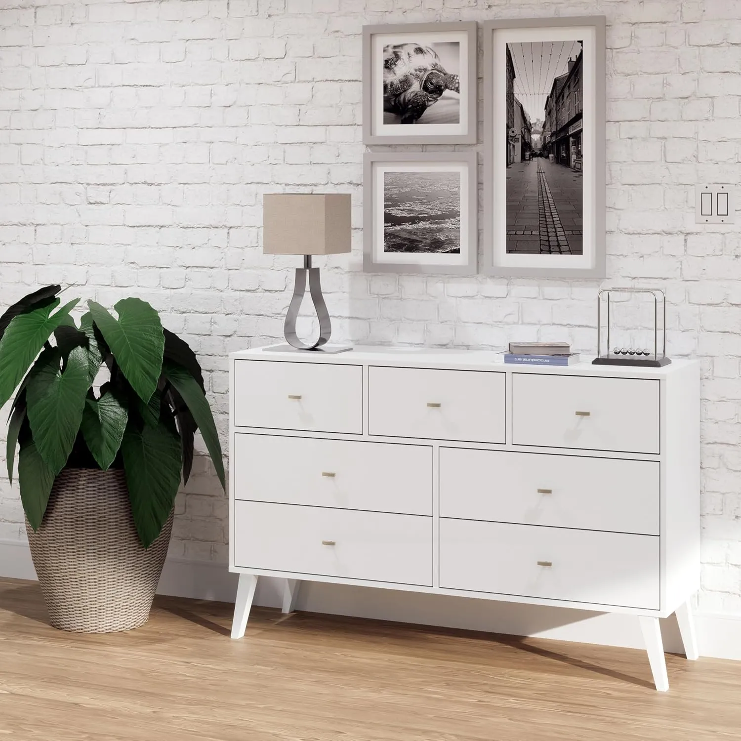Prepac Milo Mid-Century Modern 7 Drawer Double Dresser for Bedroom, Wide Chest of Drawers, Contemporary Bedroom Furniture, 16" D x 52.5" W x 33.75" H, White, WDBR-1407-1