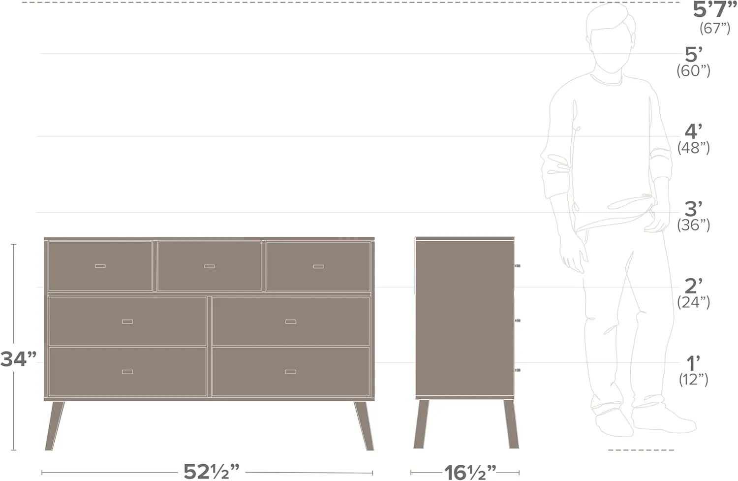 Prepac Milo Mid-Century Modern 7 Drawer Double Dresser for Bedroom, Wide Chest of Drawers, Contemporary Bedroom Furniture, 16" D x 52.5" W x 33.75" H, White, WDBR-1407-1