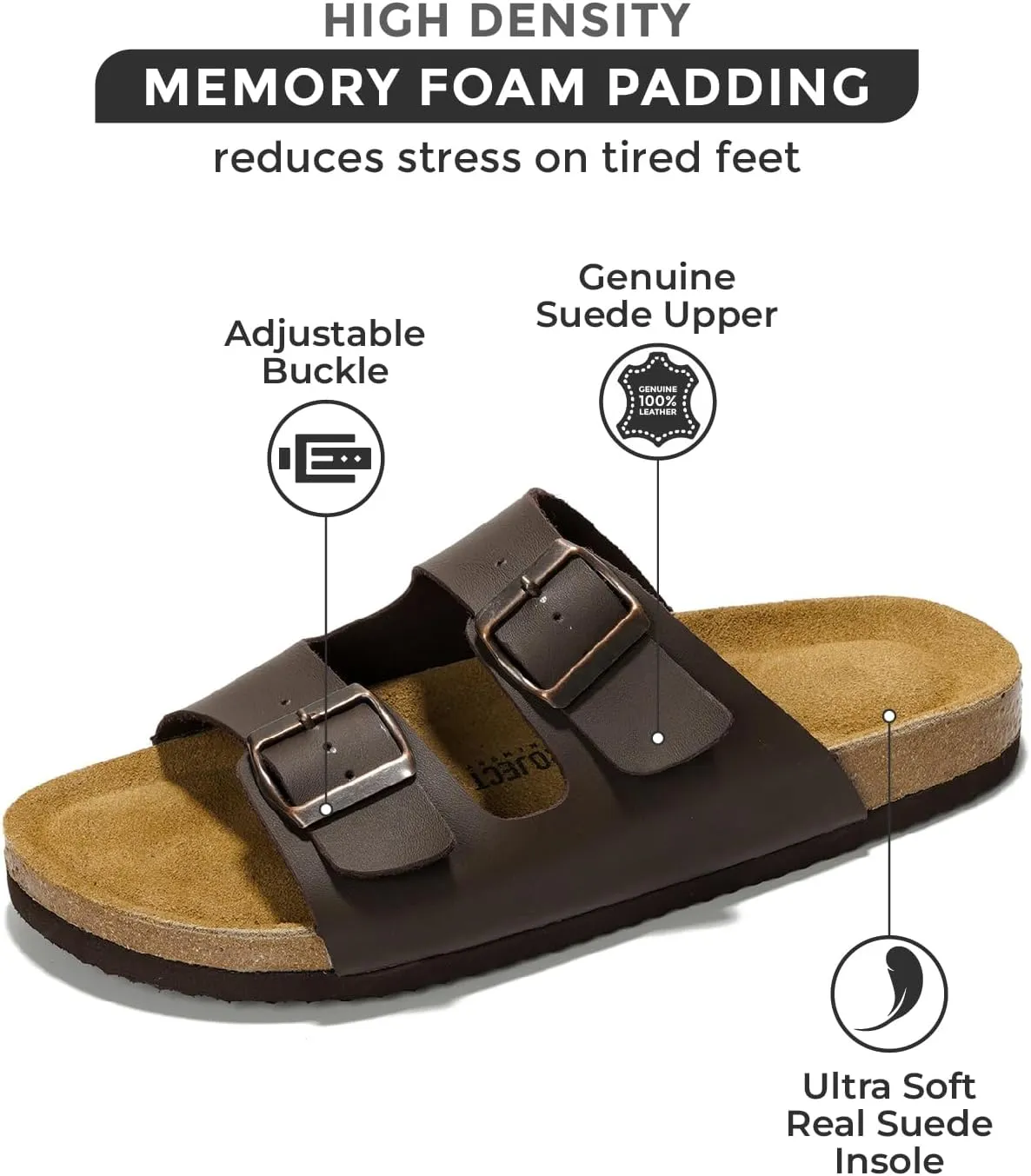 Project Cloud Genuine Leather Mens Sandals with Memory Foam Natural Cork Footbed Slides for Men Footwear - Non-Slip Double-Strap Buckle Summer Sandals (Arizona)