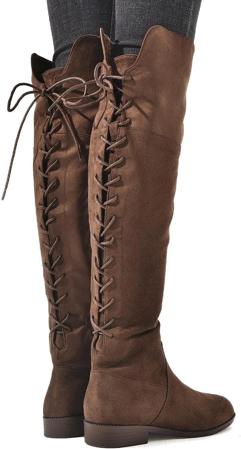 Putu Women's Low Flat Heel Thigh High Boots Faux Suede Boots Over the Knee Sexy Boots with Back Lace up
