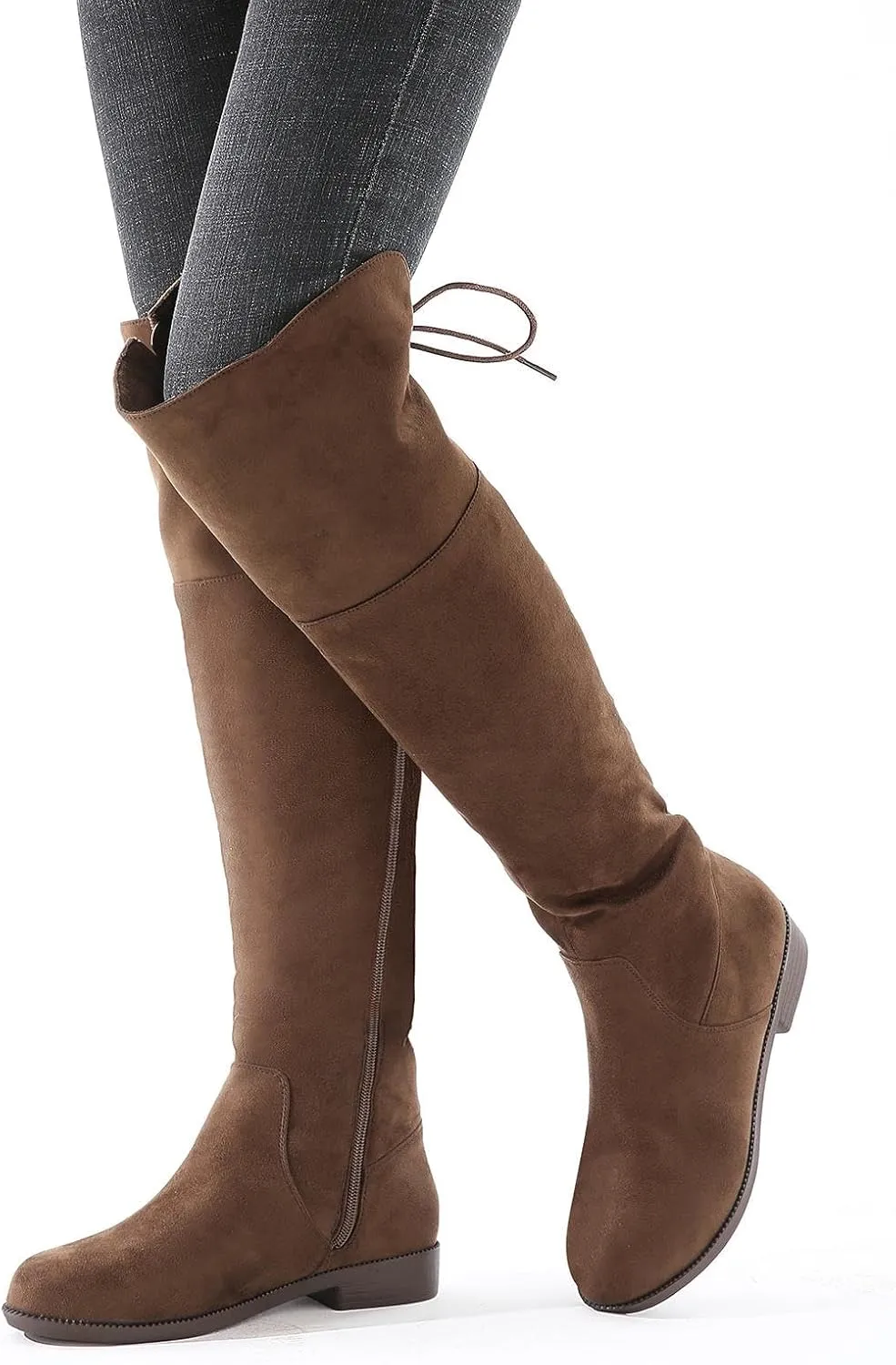 Putu Women's Low Flat Heel Thigh High Boots Faux Suede Boots Over the Knee Sexy Boots with Back Lace up