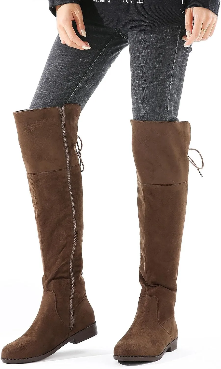 Putu Women's Low Flat Heel Thigh High Boots Faux Suede Boots Over the Knee Sexy Boots with Back Lace up