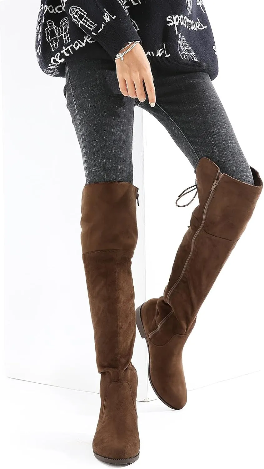 Putu Women's Low Flat Heel Thigh High Boots Faux Suede Boots Over the Knee Sexy Boots with Back Lace up