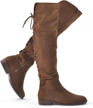 Putu Women's Low Flat Heel Thigh High Boots Faux Suede Boots Over the Knee Sexy Boots with Back Lace up