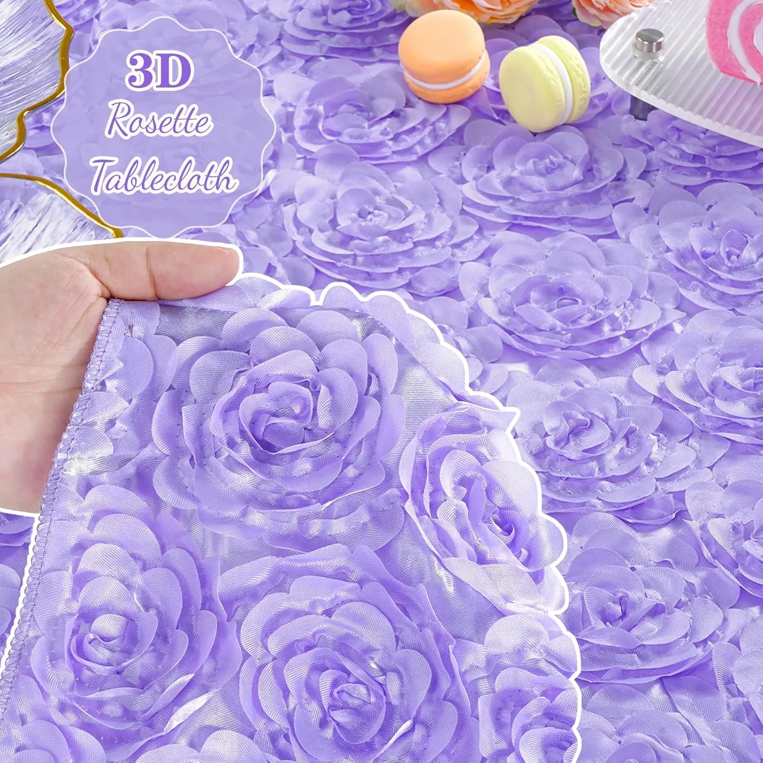 QueenDream Lavender Rosette Round Tablecloth, 60 Inch, Perfect for Wedding, Baby Shower, Birthday Parties