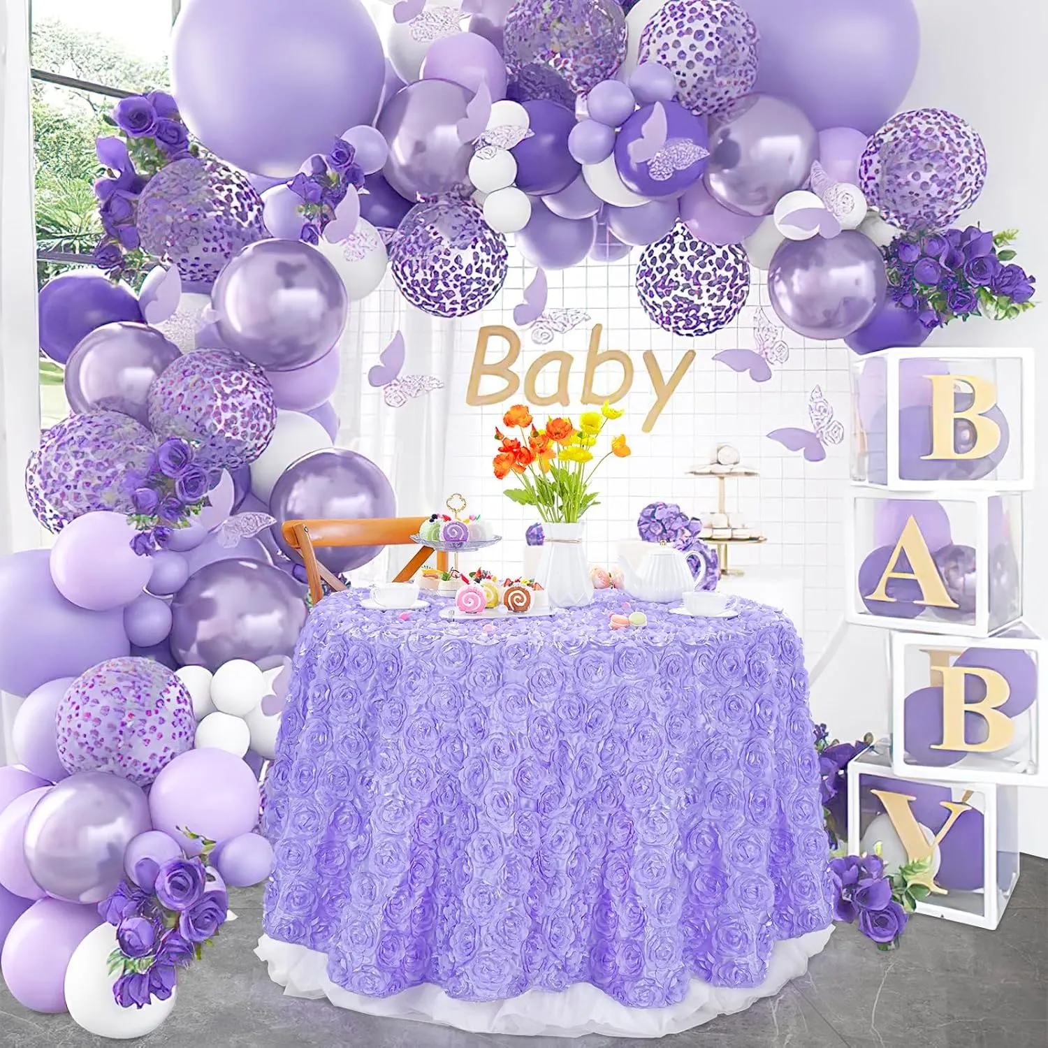 QueenDream Lavender Rosette Round Tablecloth, 60 Inch, Perfect for Wedding, Baby Shower, Birthday Parties