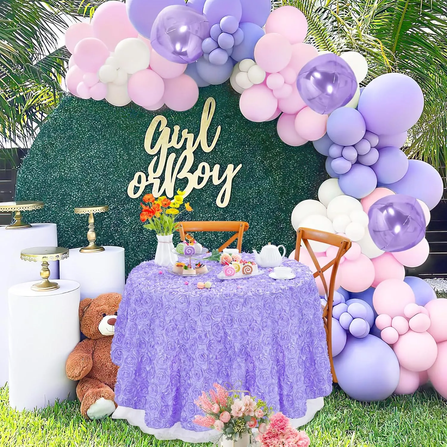 QueenDream Lavender Rosette Round Tablecloth, 60 Inch, Perfect for Wedding, Baby Shower, Birthday Parties
