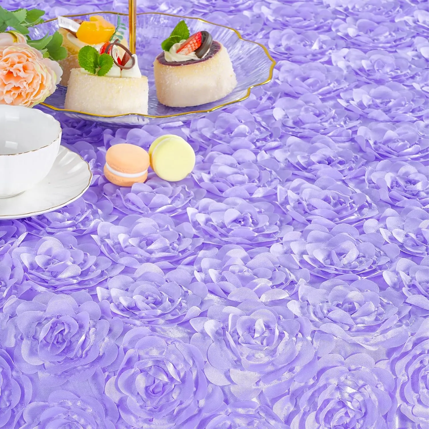QueenDream Lavender Rosette Round Tablecloth, 60 Inch, Perfect for Wedding, Baby Shower, Birthday Parties