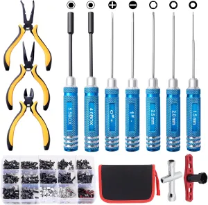 RC Car Tool Kit - Screwdriver Set (Flat/Phillips/Hex/Nut), Screws Kit, Pliers, Wrench, Repair Tools for 1/8 1/10 RC Cars, Compatible with Traxxas Arrma Axial Redcat