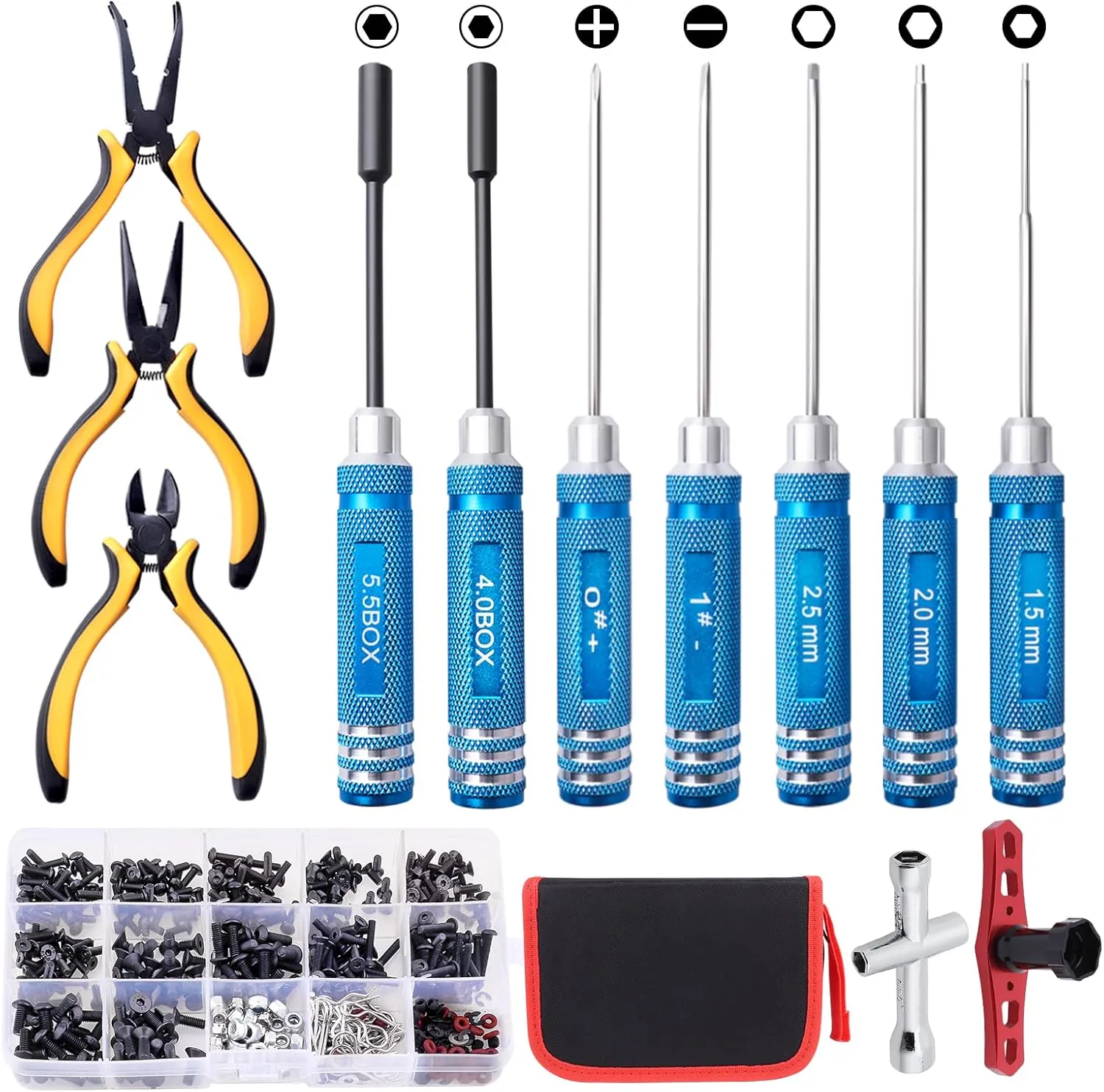 RC Car Tool Kit - Screwdriver Set (Flat/Phillips/Hex/Nut), Screws Kit, Pliers, Wrench, Repair Tools for 1/8 1/10 RC Cars, Compatible with Traxxas Arrma Axial Redcat