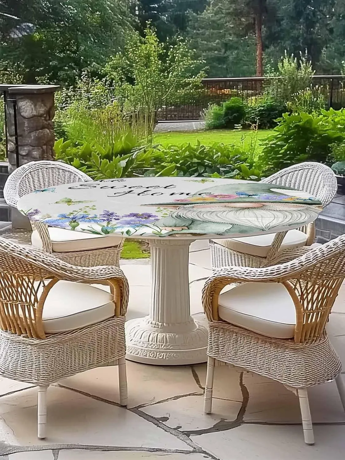 Round Fitted Tablecloth Pastoral Flowers Butterfly Dwarf Waterproof Table Cover for Indoor Outdoor Holiday Party Sweet Home Gnome Elastic Edged Tablecloths Fit Up 45"-54" Tables