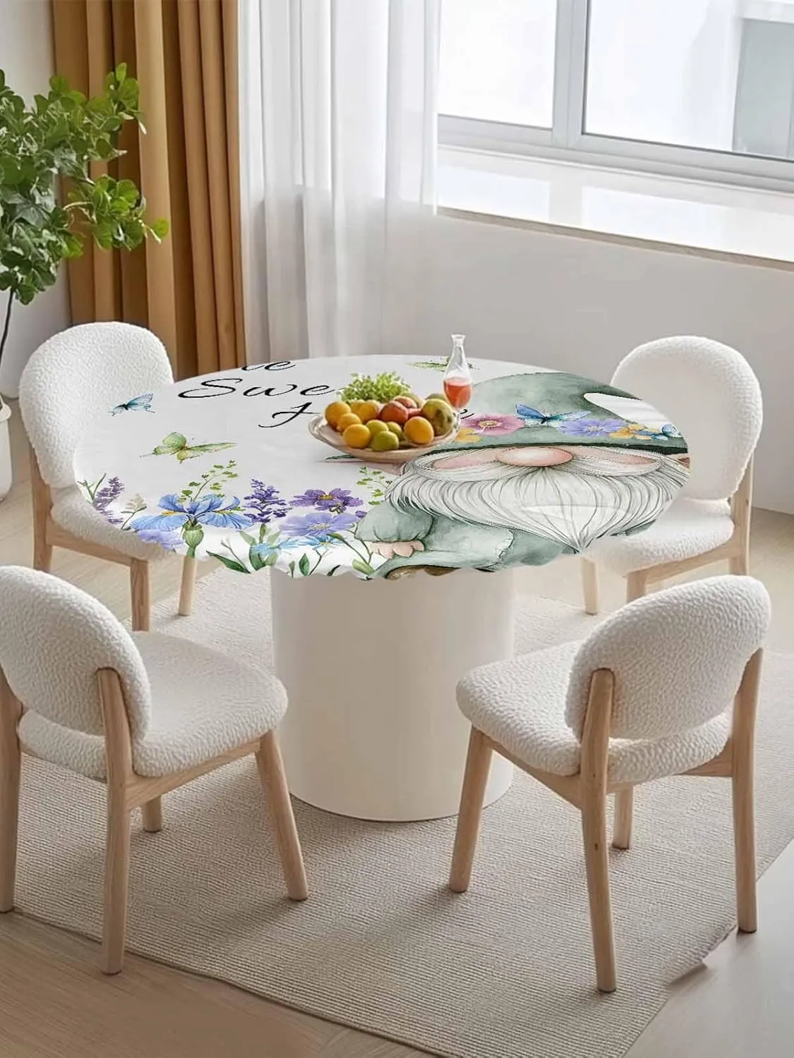Round Fitted Tablecloth Pastoral Flowers Butterfly Dwarf Waterproof Table Cover for Indoor Outdoor Holiday Party Sweet Home Gnome Elastic Edged Tablecloths Fit Up 45"-54" Tables