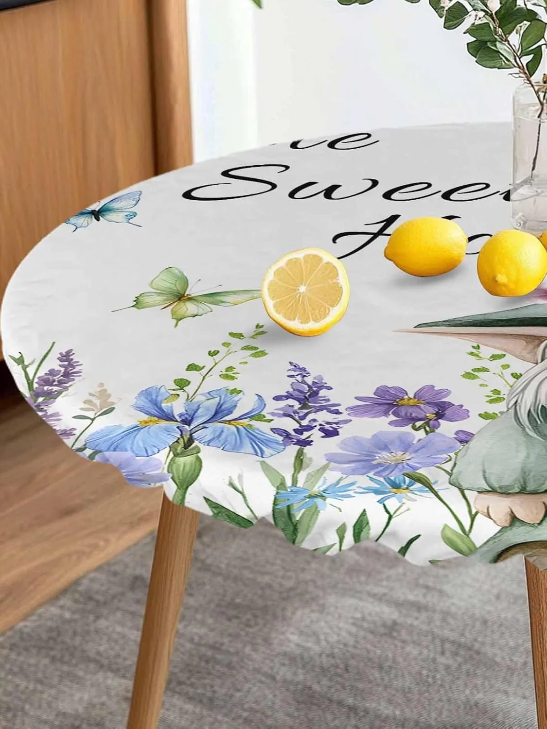 Round Fitted Tablecloth Pastoral Flowers Butterfly Dwarf Waterproof Table Cover for Indoor Outdoor Holiday Party Sweet Home Gnome Elastic Edged Tablecloths Fit Up 45"-54" Tables