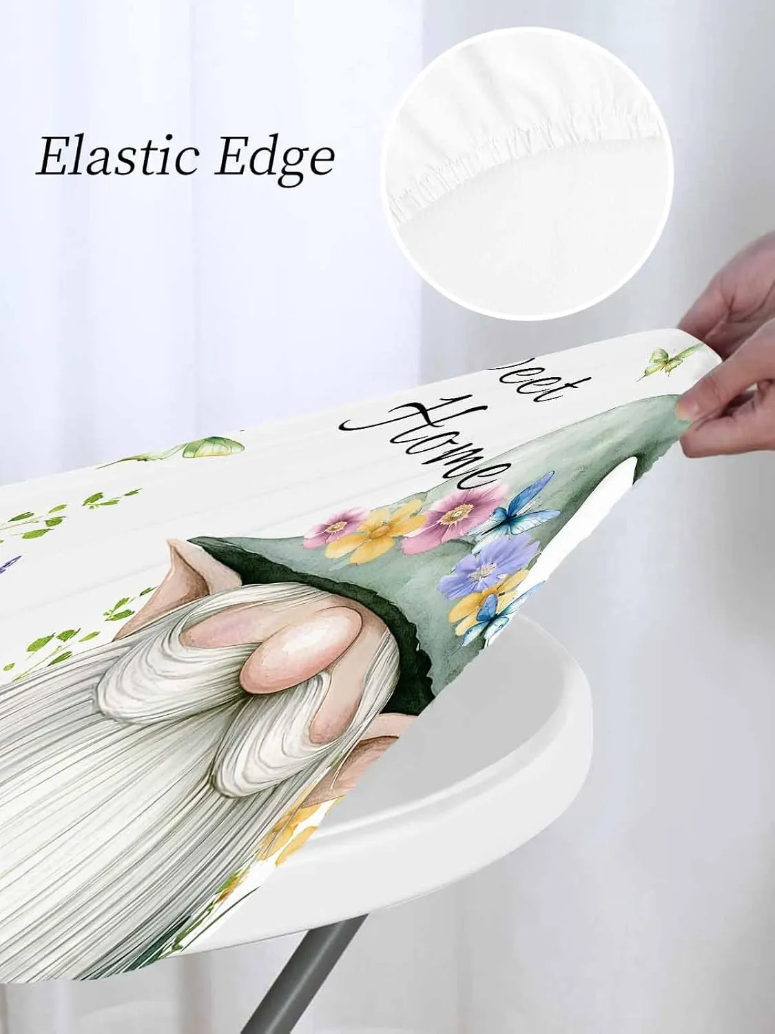 Round Fitted Tablecloth Pastoral Flowers Butterfly Dwarf Waterproof Table Cover for Indoor Outdoor Holiday Party Sweet Home Gnome Elastic Edged Tablecloths Fit Up 45"-54" Tables