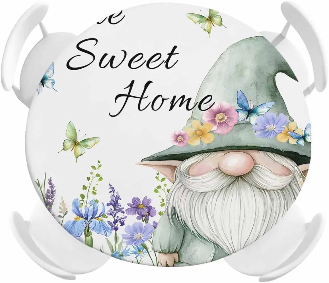 Round Fitted Tablecloth Pastoral Flowers Butterfly Dwarf Waterproof Table Cover for Indoor Outdoor Holiday Party Sweet Home Gnome Elastic Edged Tablecloths Fit Up 45"-54" Tables