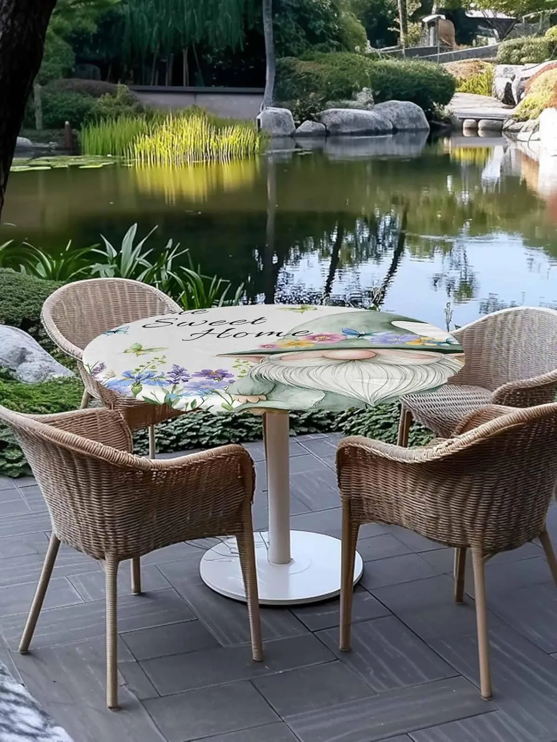 Round Fitted Tablecloth Pastoral Flowers Butterfly Dwarf Waterproof Table Cover for Indoor Outdoor Holiday Party Sweet Home Gnome Elastic Edged Tablecloths Fit Up 45"-54" Tables