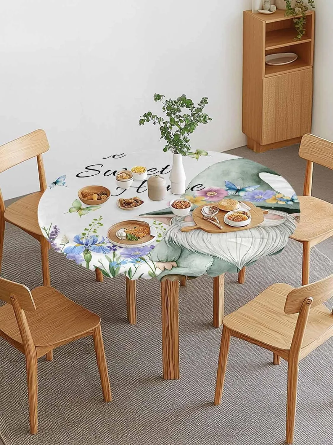 Round Fitted Tablecloth Pastoral Flowers Butterfly Dwarf Waterproof Table Cover for Indoor Outdoor Holiday Party Sweet Home Gnome Elastic Edged Tablecloths Fit Up 45"-54" Tables