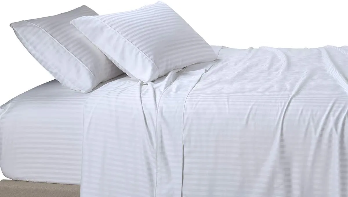 Royal Tradition Damask Striped 650 Thread Count Cotton Blend Top-Split-King Sheet Set for Adjustable Beds (White) Wrinkle Resistant Flex Head Bed Sheets