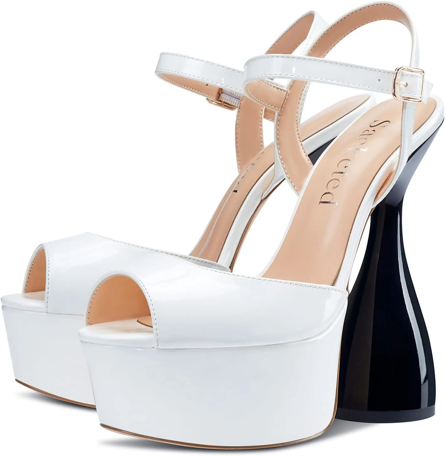 Saekcted Women's Chunky High Heels Platform Fashion Party Sandals Peep-Toe Ankel-Strap Sandal 6Inch Heel Shoes for Wedding Dress