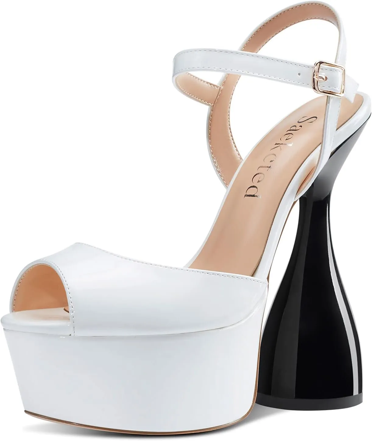 Saekcted Women's Chunky High Heels Platform Fashion Party Sandals Peep-Toe Ankel-Strap Sandal 6Inch Heel Shoes for Wedding Dress